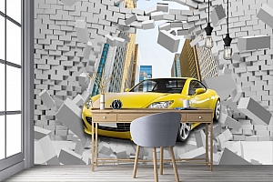 3D Фотообои «Желтый автомобиль через стену»