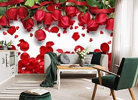 3D Фотообои «Алые розы с лепестками»