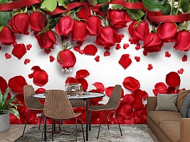 3D Фотообои «Алые розы с лепестками»