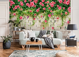 3D Фотообои «Кирпичная стена с цветами»