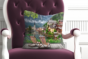 3D Подушка «Терраса-балкон с видом на деревню у озера»  вид 6