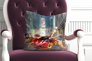 3D Подушка «Тачки с пылающими колесами на фоне Таймс Сквер» вид 3
