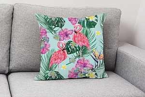 3D Подушка «Фламинго с тропическими листьями» вид 3
