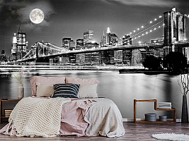 3D Фотообои  «Черно-белая инсталляция с полной луной над Бруклинским мостом» 
