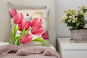 3D Подушка «Яркие тюльпаны с бабочками» вид 2
