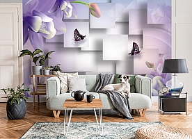 3D Фотообои  «Сиреневые цветы с бабочками» 