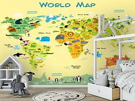 3D Фотообои «Детская карта мира на желтом фоне»