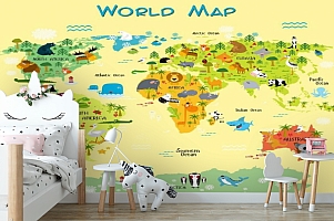 3D Фотообои «Детская карта мира на желтом фоне»
