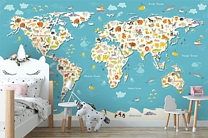 3D Фотообои «Карта мира с животными на английском языке»