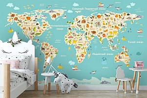 3D Фотообои «Карта мира с животными»
