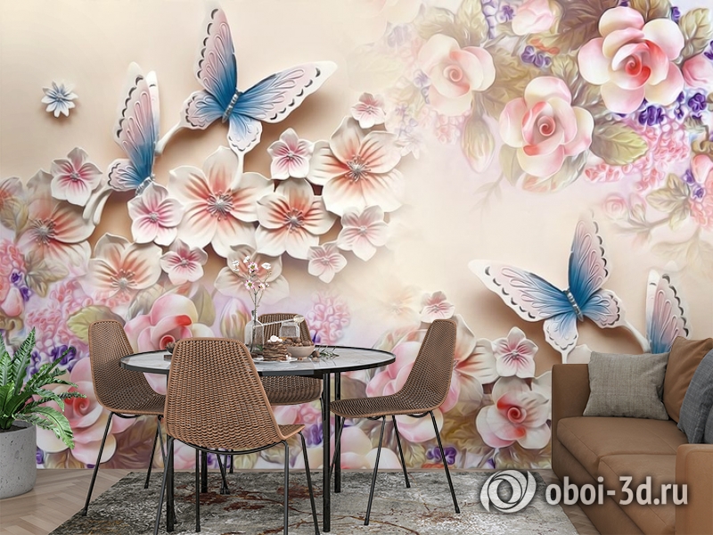 3D Фотообои «Цветочное изобилие с бабочками» вид 3