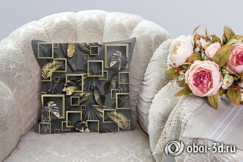 3D Подушка «Листья с золотыми квадратами» вид 3