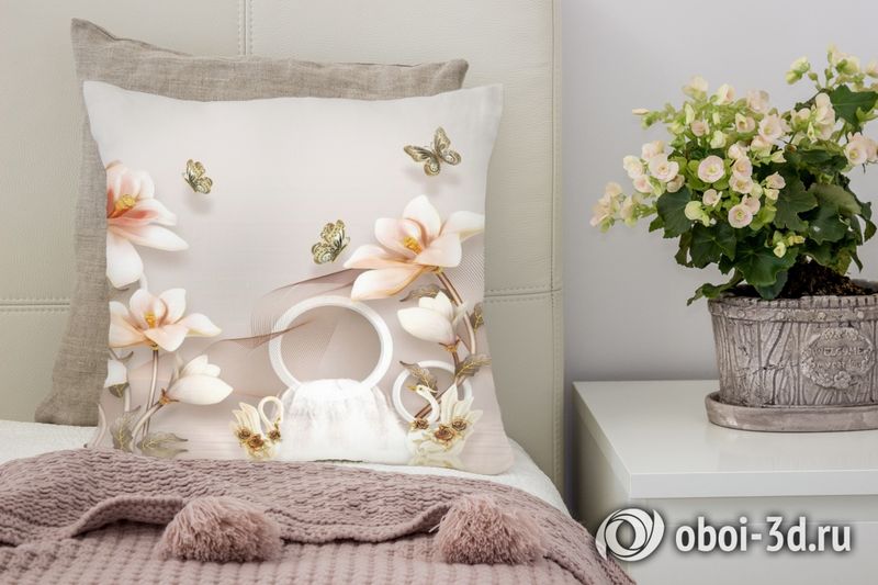 3D Подушка «Объемные орхидеи с бабочками и лебедями» вид 4