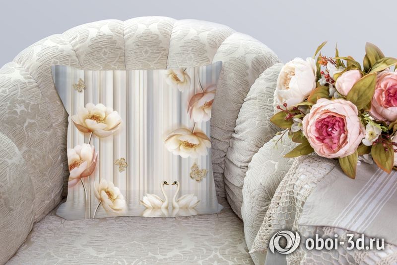 3D Подушка «Лебеди с объемными цветами и бабочками» вид 3