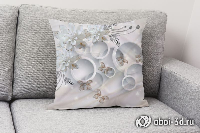 3D Подушка «Объемные круги с драгоценными цветами и бабочками» вид 2