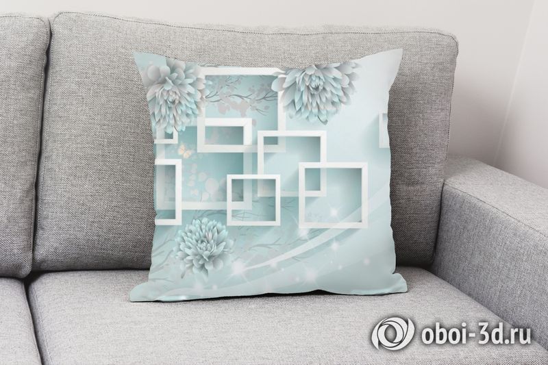 3D Подушка «Хризантемы в бирюзовом оттенке» вид 2