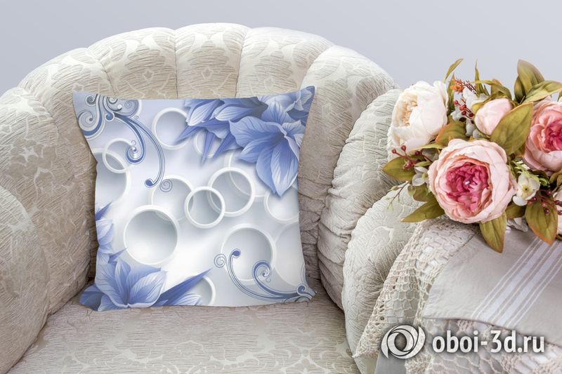 3D Подушка «Синие цветы на фоне с кругами» вид 3