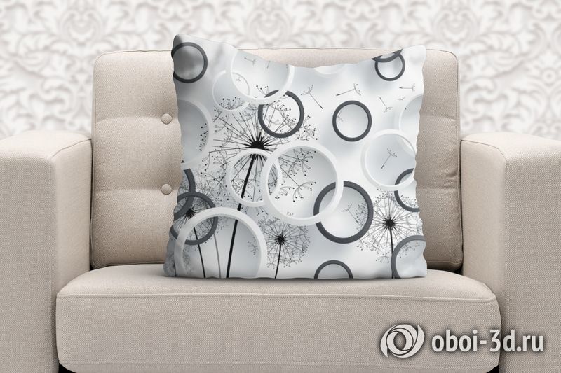 3D Подушка «Черно-белая объемная композиция с одуванчиками» вид 6