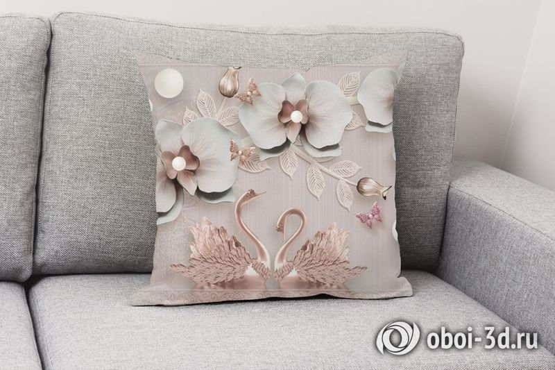 3D Подушка «Бронзовые лебеди под веткой орхидей» вид 2