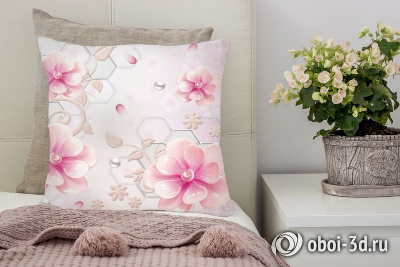 3D Подушка «Розовые фарфоровые цветы с жемчужинами» вид 4