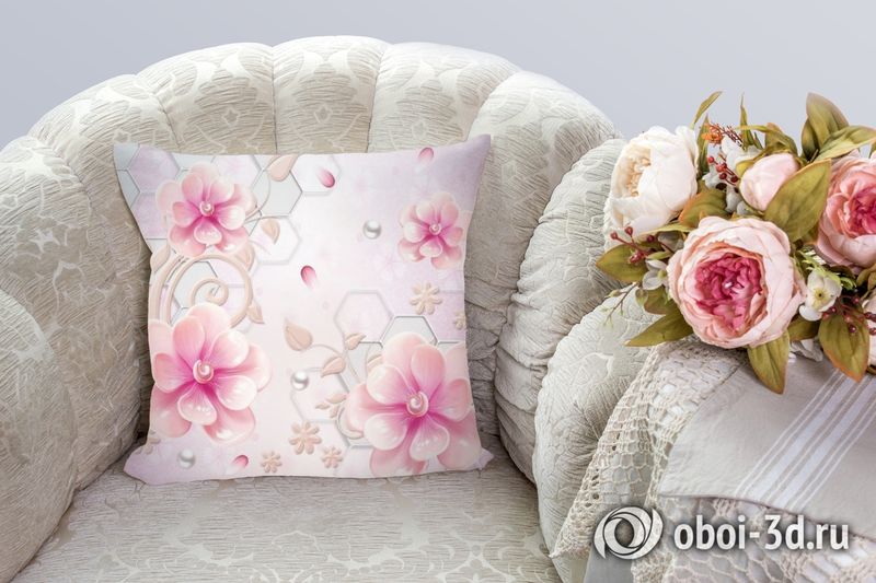3D Подушка «Розовые фарфоровые цветы с жемчужинами» вид 3