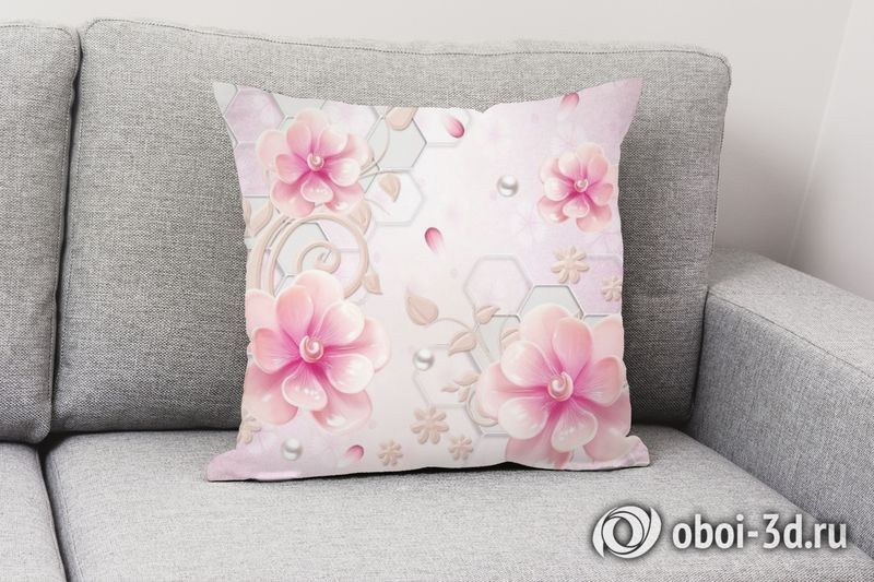 3D Подушка «Розовые фарфоровые цветы с жемчужинами» вид 2