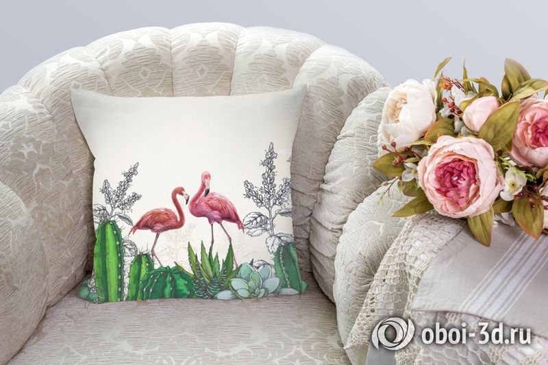 3D Подушка «Фламинго в кактусах» вид 3
