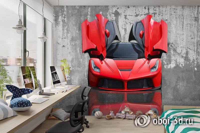 3D Фотообои «Красное авто на бетонном фоне» вид 3