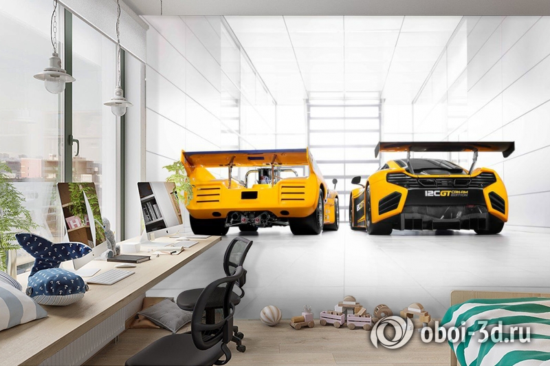 3D Фотообои «Светлый гараж с двумя желтыми спорткарами» вид 3