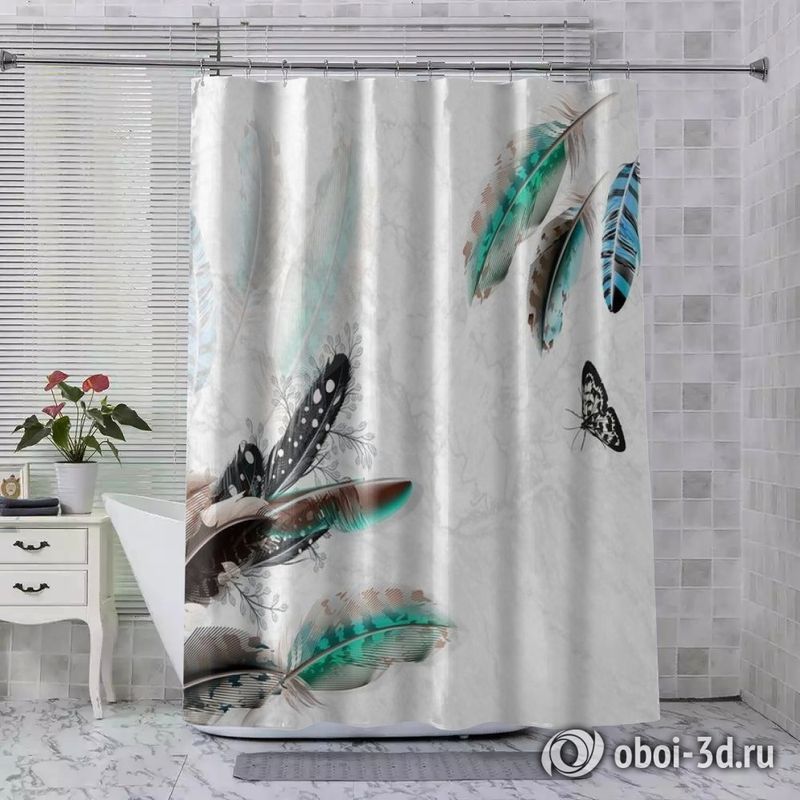 Шторы для ванной «Мраморная фантазия с перьями и бабочками» вид 7