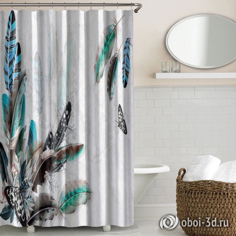 Шторы для ванной «Мраморная фантазия с перьями и бабочками» вид 5