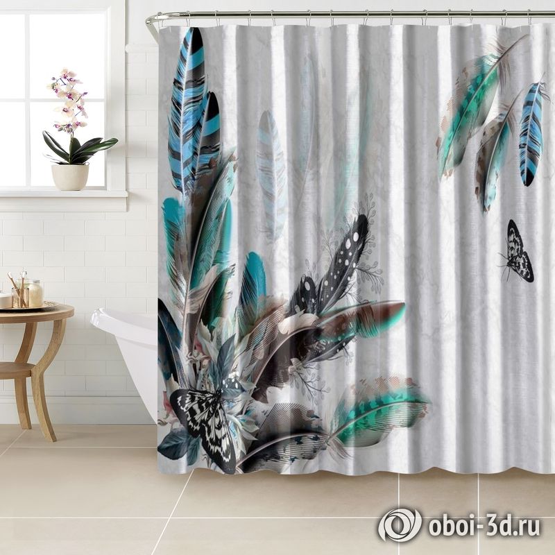 Шторы для ванной «Мраморная фантазия с перьями и бабочками» вид 3