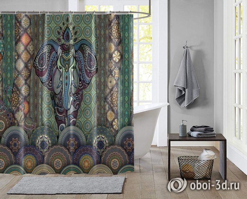 Шторы для ванной «Величественный слон в лиловых оттенках» вид 2