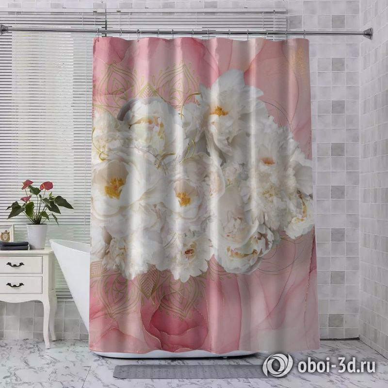 Шторы для ванной «Роскошные пионы на розовом мраморе» вид 8