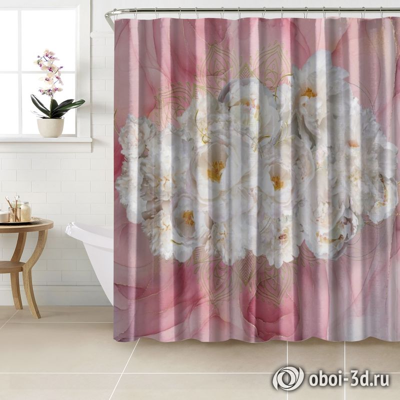 Шторы для ванной «Роскошные пионы на розовом мраморе» вид 3