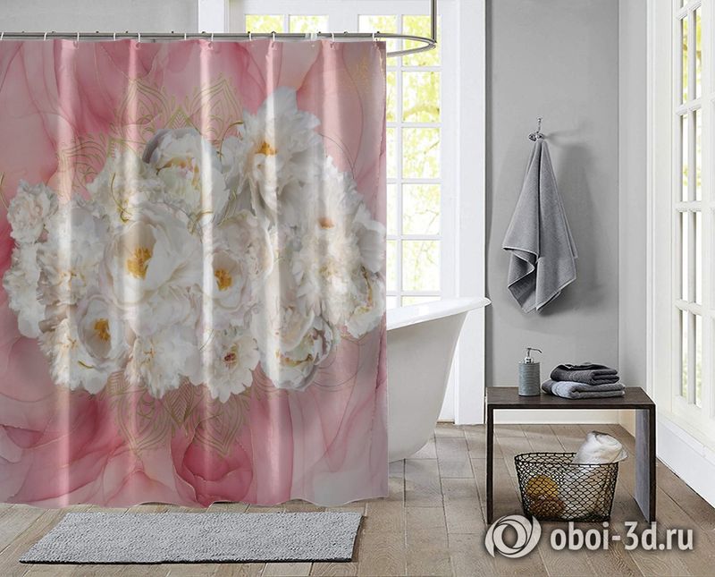 Шторы для ванной «Роскошные пионы на розовом мраморе» вид 2