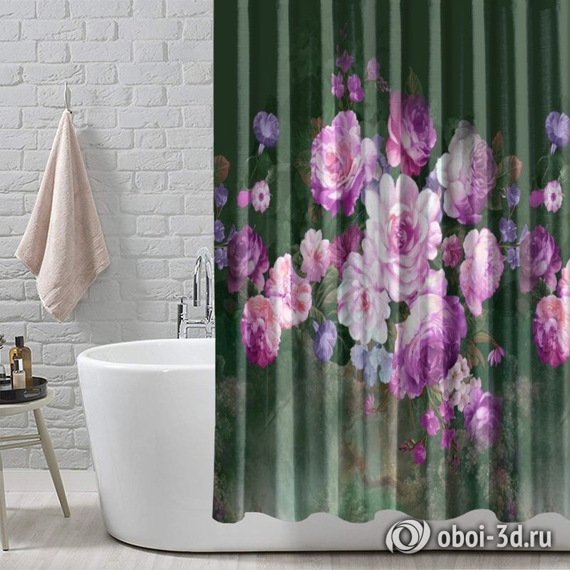 Шторы для ванной «Цветы в стиле барокко лилового оттенка» вид 7