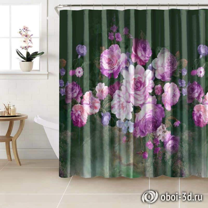 Шторы для ванной «Цветы в стиле барокко лилового оттенка» вид 3
