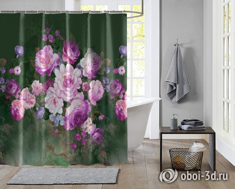 Шторы для ванной «Цветы в стиле барокко лилового оттенка» вид 2