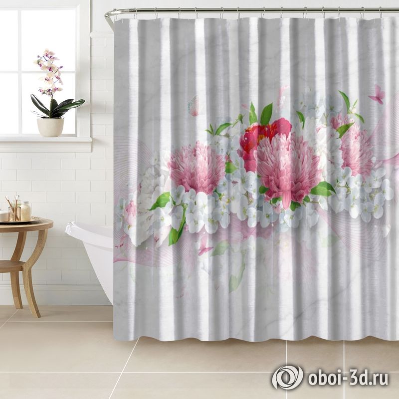 Шторы для ванной «Нежно-розовые хризантемы» вид 3