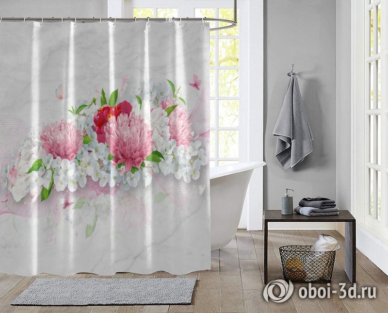 Шторы для ванной «Нежно-розовые хризантемы» вид 2