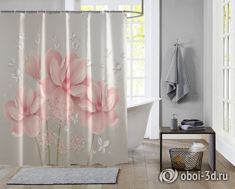 Шторы для ванной «Нежные цветы с объемными бабочками» вид 2
