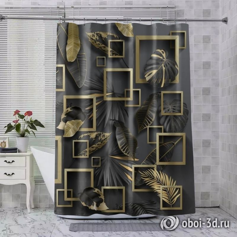 Шторы для ванной «Листья с золотыми квадратами» вид 8