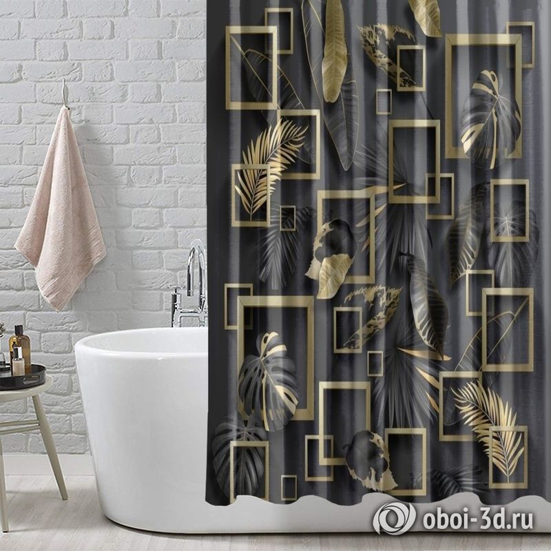 Шторы для ванной «Листья с золотыми квадратами» вид 4
