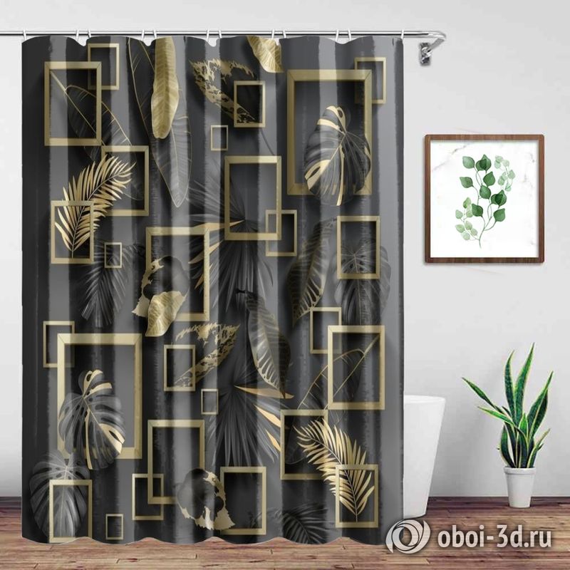 Шторы для ванной «Листья с золотыми квадратами» вид 3