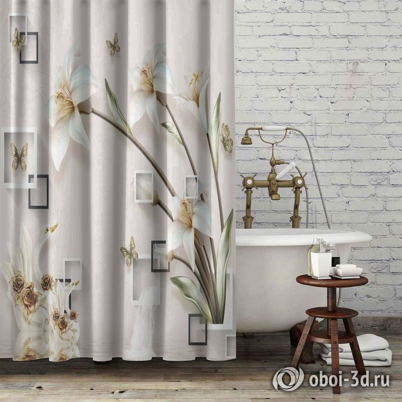 Шторы для ванной «Лилии с лебедями на объемном фоне» вид 6
