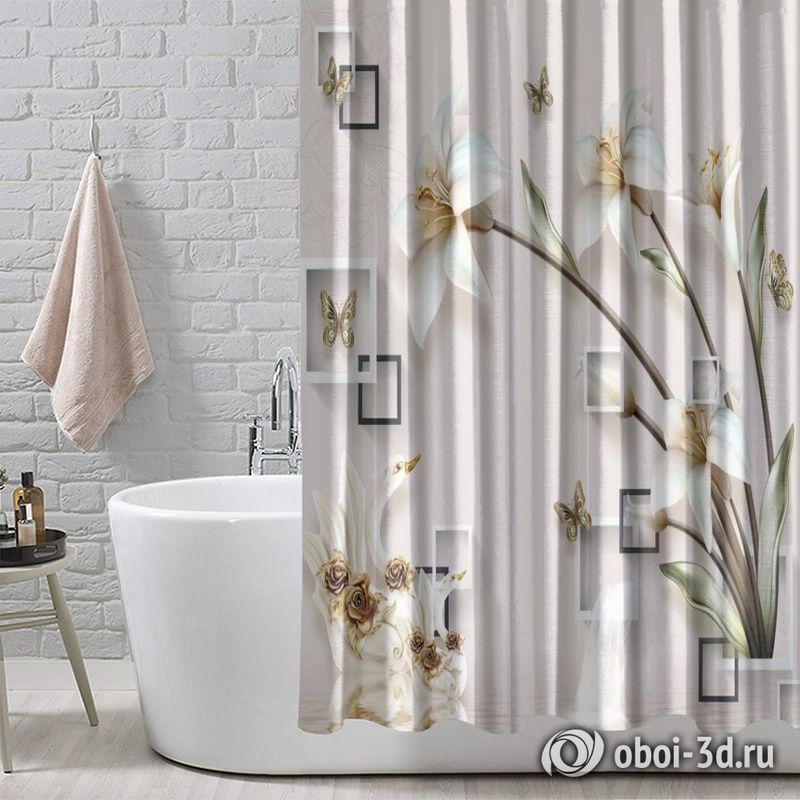 Шторы для ванной «Лилии с лебедями на объемном фоне» вид 4