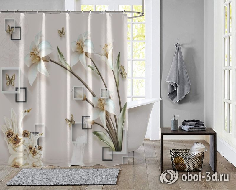 Шторы для ванной «Лилии с лебедями на объемном фоне» вид 2
