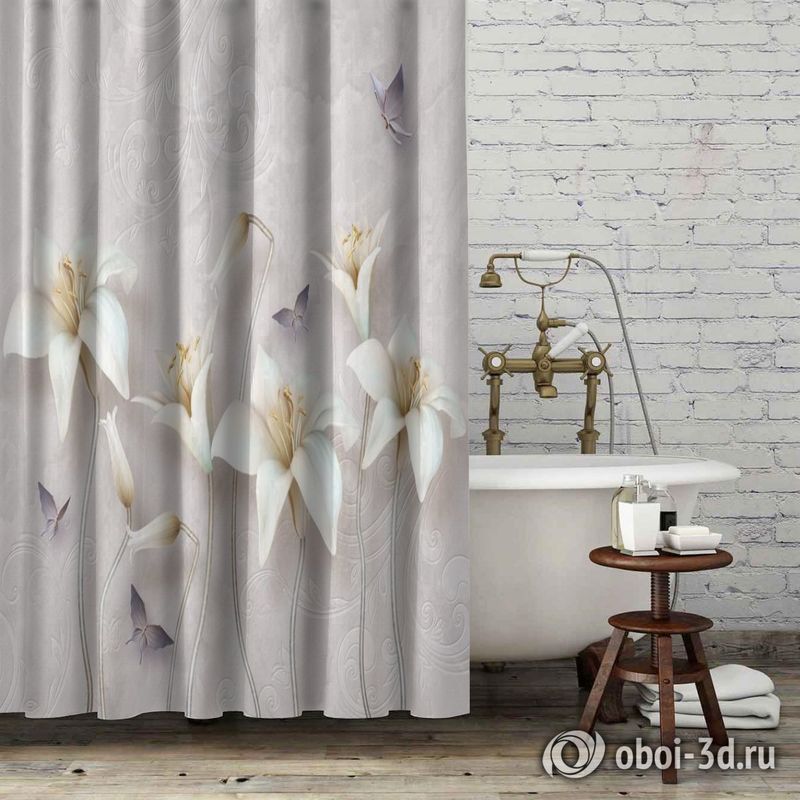 Шторы для ванной «Бабочки и объемные лилии» вид 6