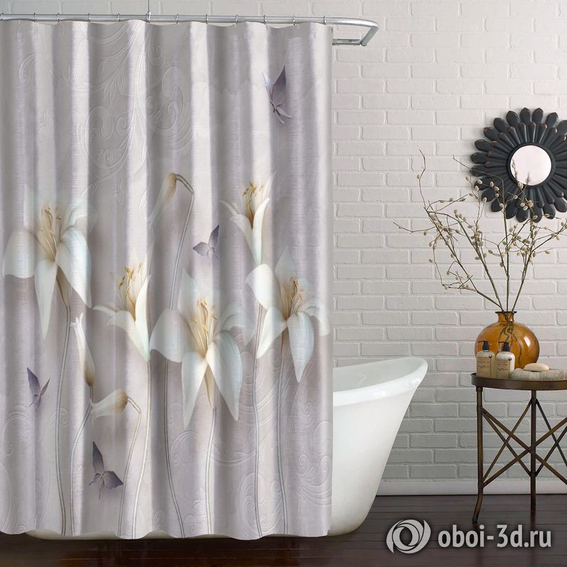 Шторы для ванной «Бабочки и объемные лилии» вид 5